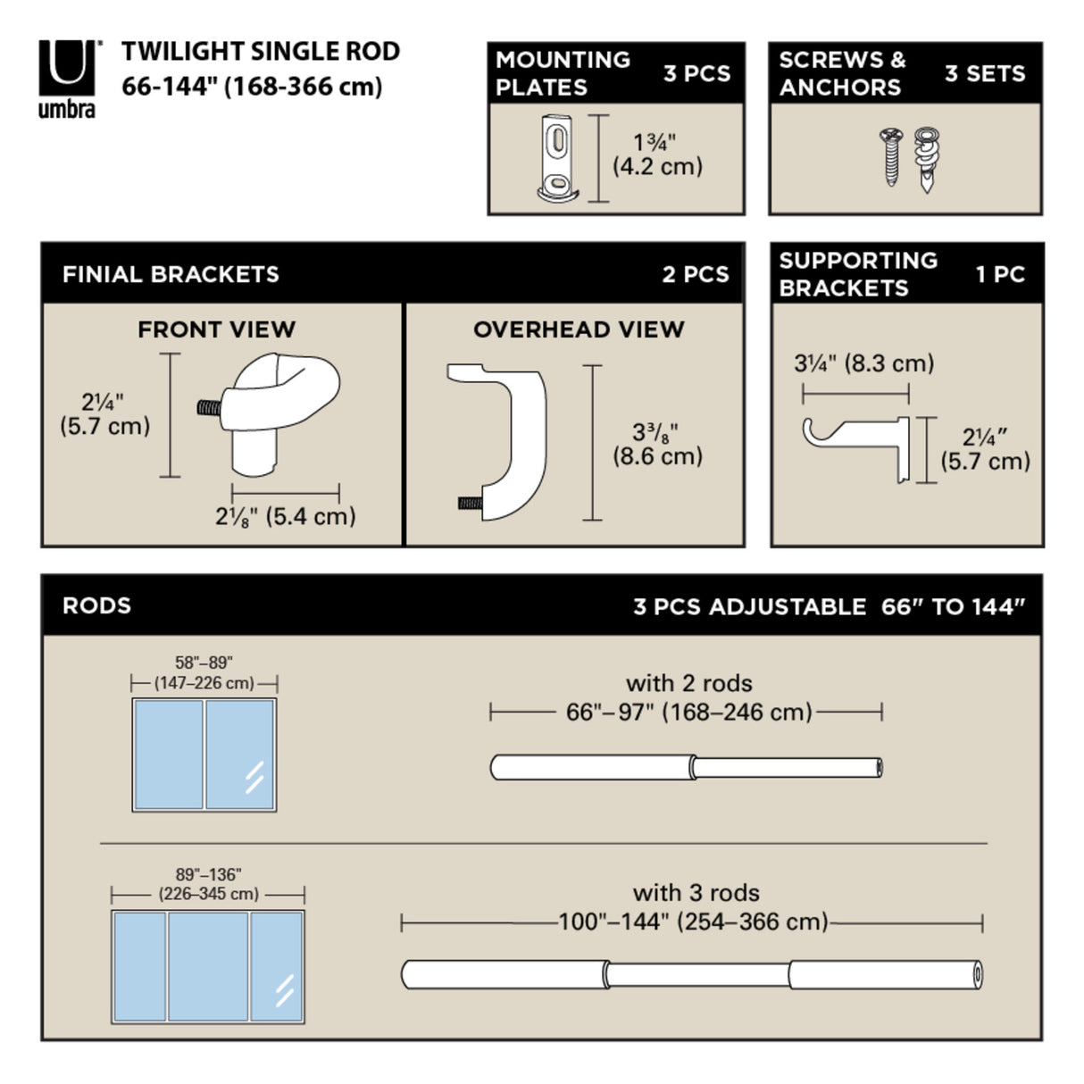Single Curtain Rods | color: Matte-Black | size: 66-144" (168-365 cm) | diameter: 3/4" (1.9 cm)