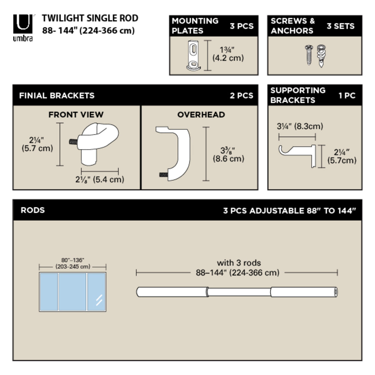 Single Curtain Rods
| color: Matte-Nickel | size: 88-144" (224-366 cm) | diameter: 3/4" (1.9 cm)