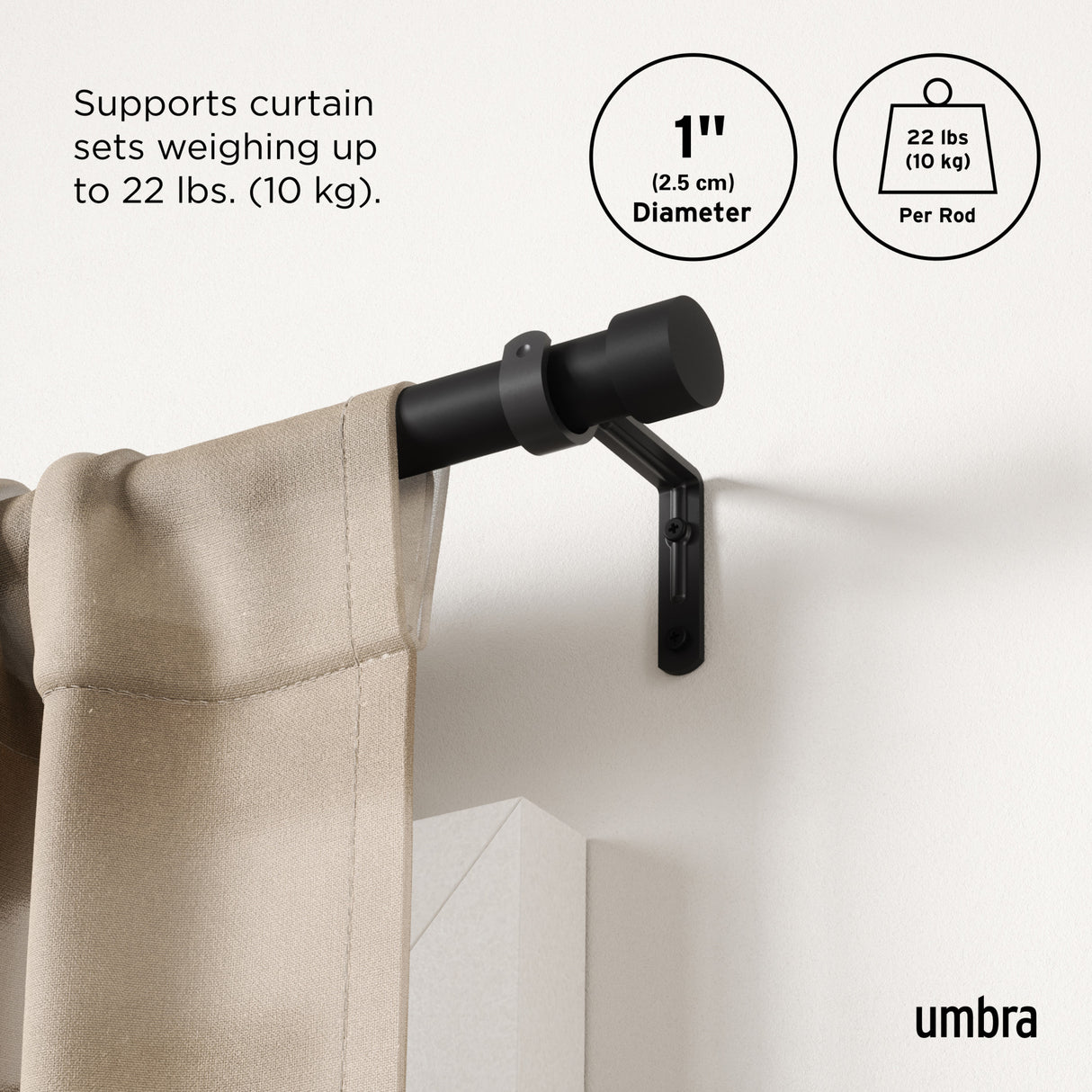 Single Curtain Rods | color: Matte-Black | size: 36-66" (91-168 cm) | diameter: 1" (2.5 cm)