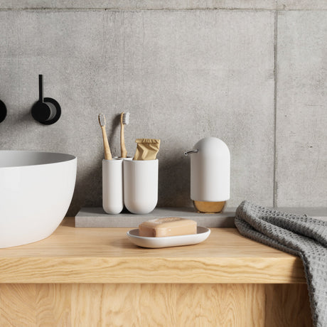 Bathroom counter with a white soap dispenser, toothbrush holders and a soap dish