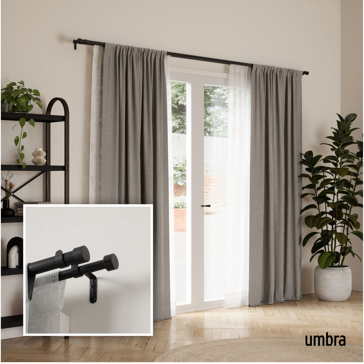 Double Curtain Rods | color: Brushed-Black | size: 36-66" (91-168 cm) | diameter: 1" (2.5 cm)