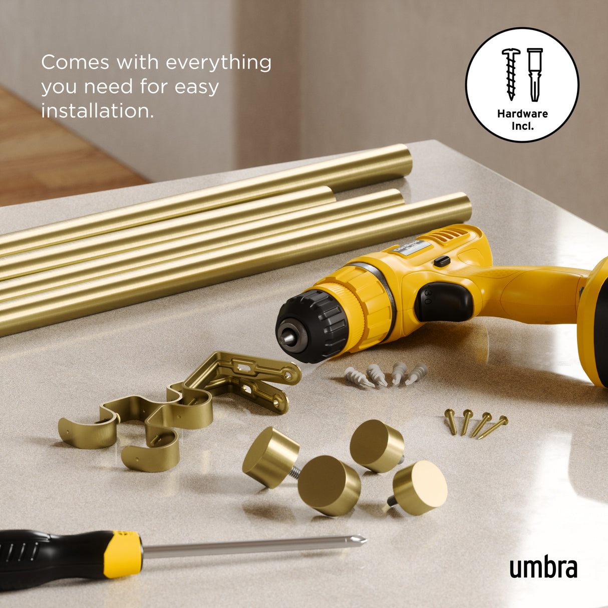 Double Curtain Rods | color: Brass | size: 36-66" (91-168 cm) | diameter: 1" (2.5 cm)