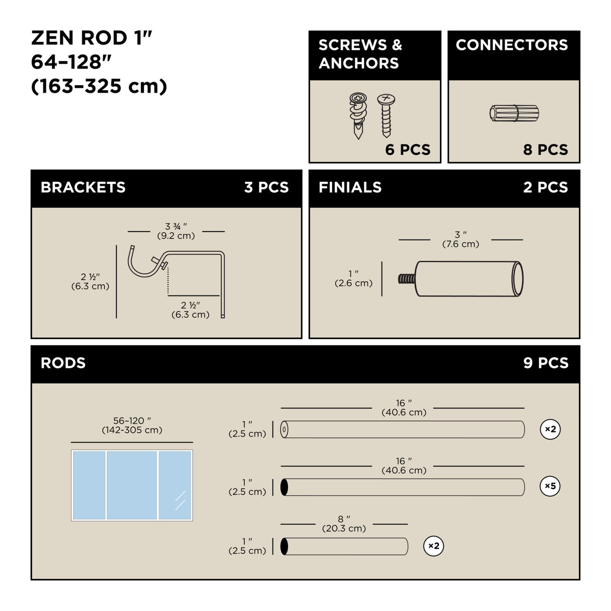 Single Curtain Rods | color: Matte-Black | size: 64-128" (162-325 cm) | diameter: 1" (2.5 cm)