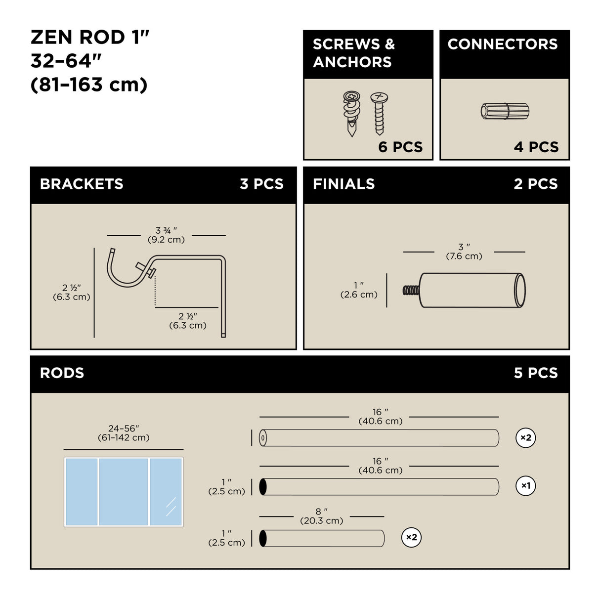 Single Curtain Rods | color: Nickel-Steel | size: 32-64" (81-162 cm) | diameter: 1" (2.5 cm)