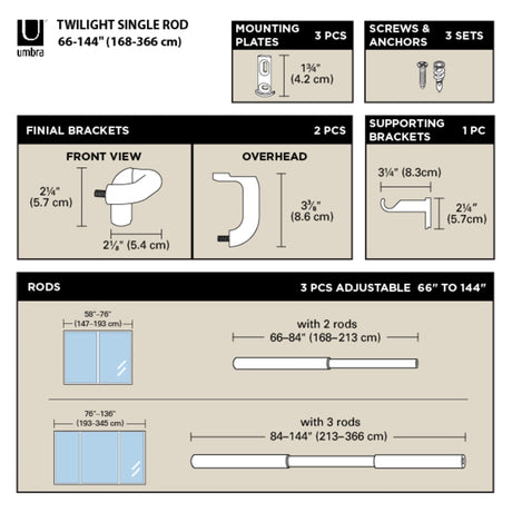 Single Curtain Rods | color: Matte-Black | size: 66-144" (168-365 cm) | diameter: 3/4" (1.9 cm)